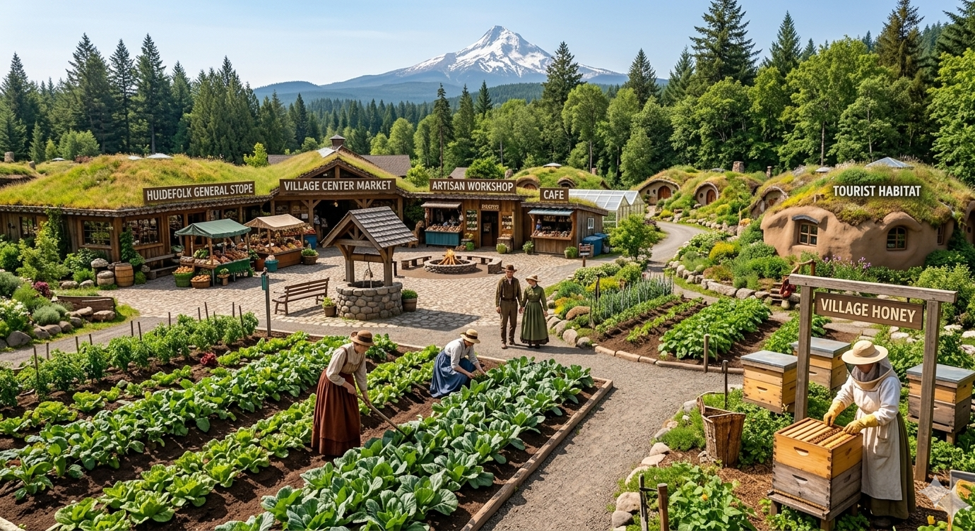 Village center — market, café, gardens and beehives tended by villager workers