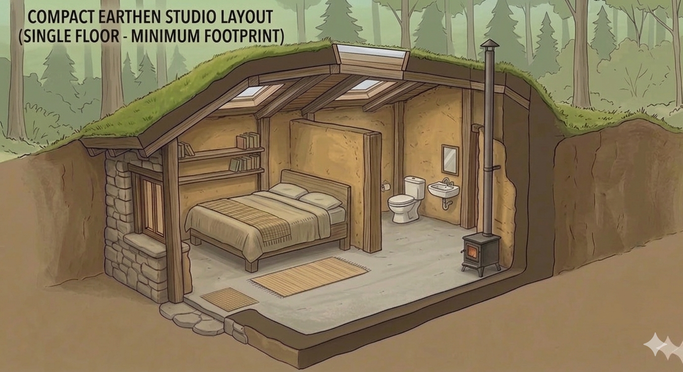 Compact earthen studio — tiny home layout