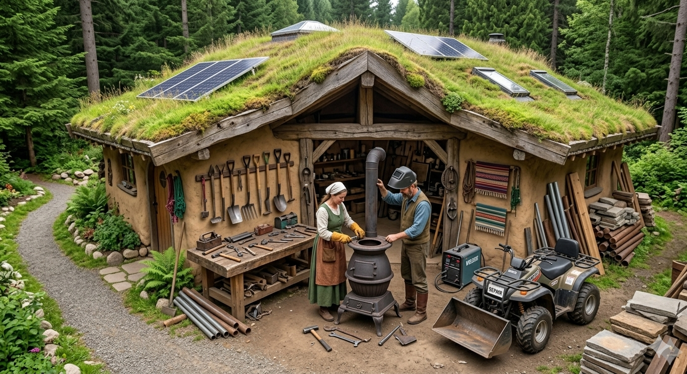 Maintenance workshop — solar panels, welding bay, ATVs and tools wall