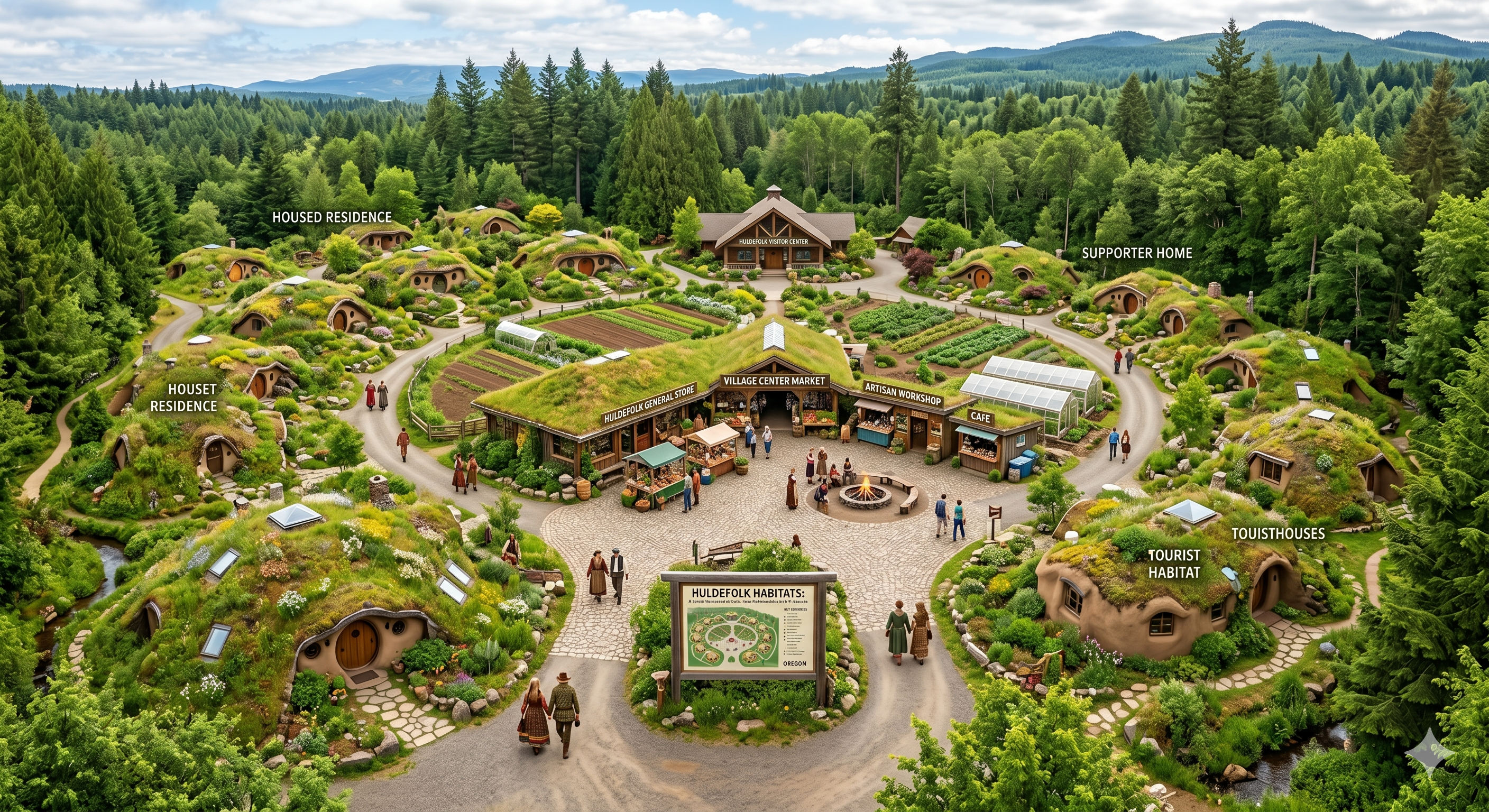 Huldufólk Habitat Project — aerial concept of the planned self-sustaining village in Oregon